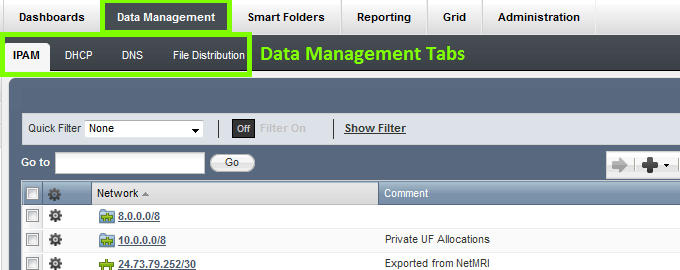 Data management tabs